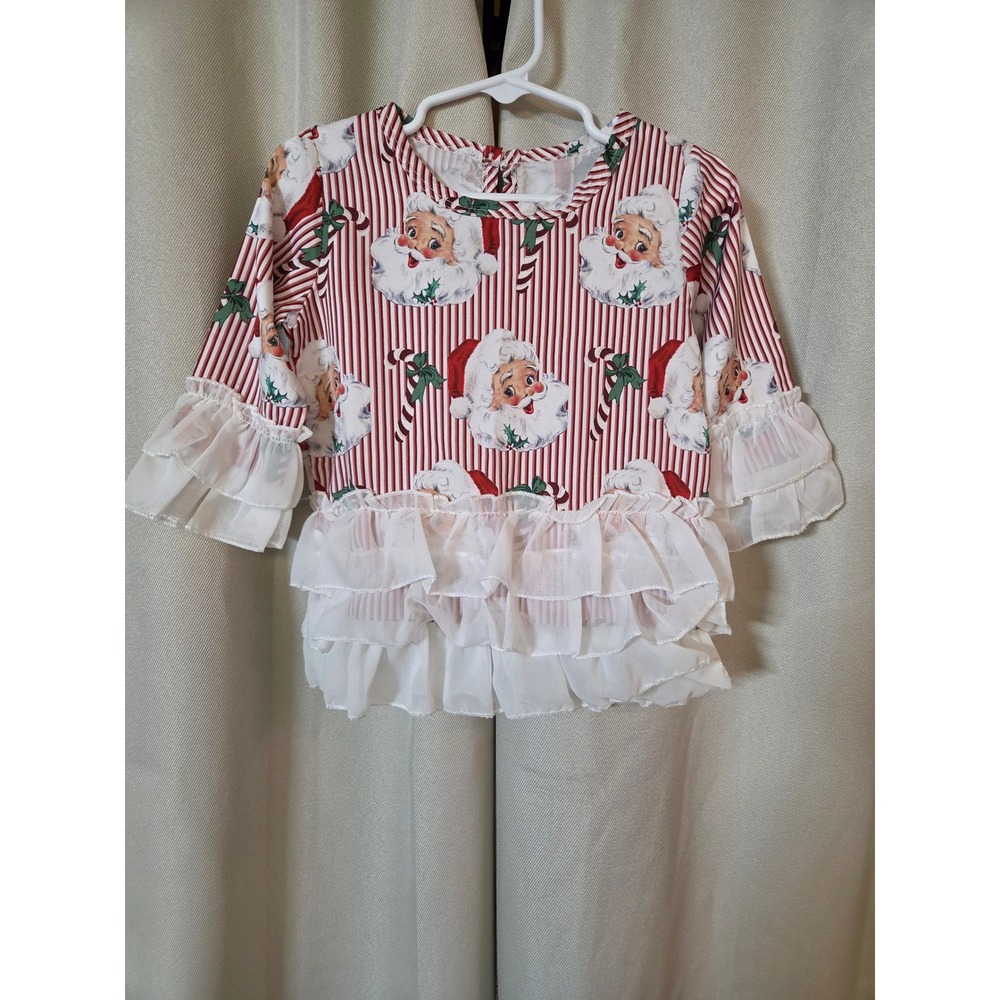 Vintage Style Santa Claus Ruffle Top Red White Stripe Holiday Blouse Size 80